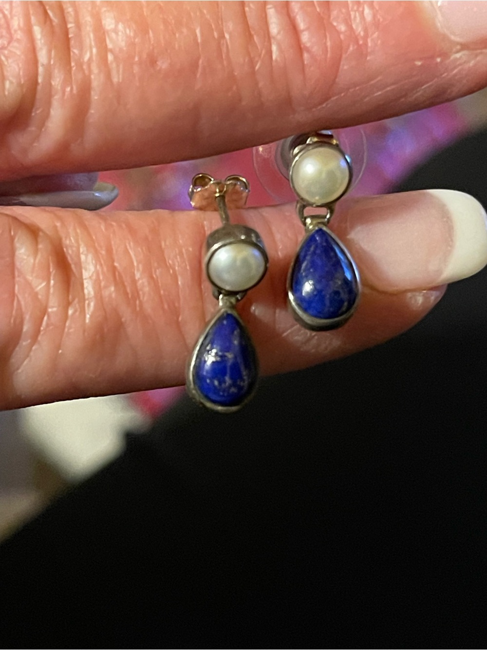 925 Sterling Silver Lapis Teardrop and Pearl Dangle Earrings - Blue and White